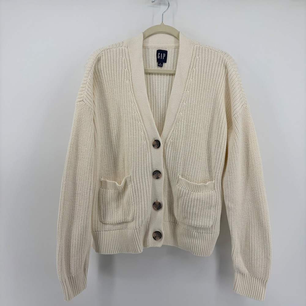 GAP Womens XL Cream Cotton Shaker Knit Button Front Cardigan Sweater Pockets